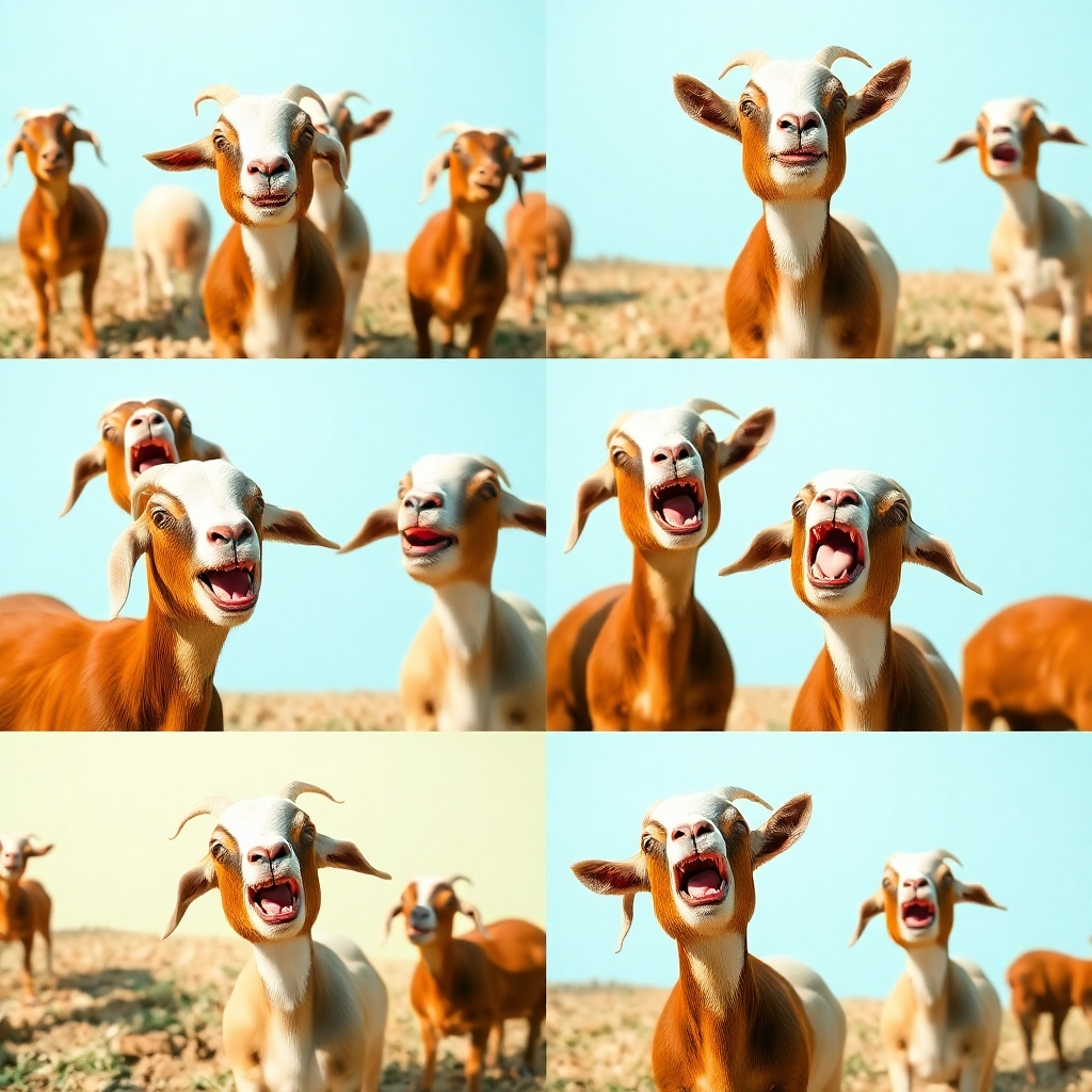 A dynamic collage of video stills featuring multiple goats at various moments of laughter and fainting. The backdrop is a pastel-colored farm setting, with each goat's personality shining through in vibrant detail. The light is bright and cheerful, casting dynamic shadows that bring depth to the scene, while the colors of the goats stand out against the soft backdrop.