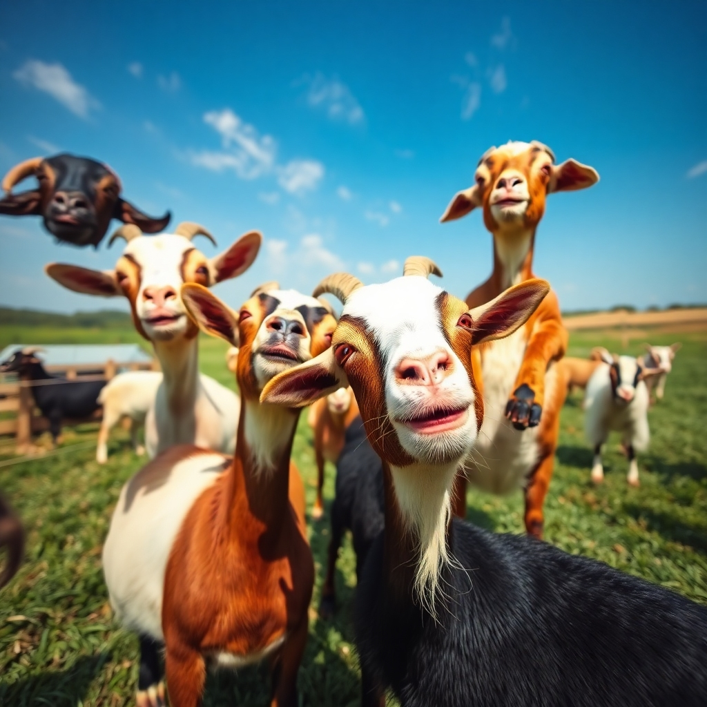 A lively scene packed with action shots of goats butting heads, jumping, and playing. Set in a lively farm environment with open fields and a blue sky, the goats exhibit their animated nature. The camera angle is dynamic, capturing movements with energy, while the vivid colors of the goats contrast beautifully against the green landscape. The image is detailed in textures, ensuring a lively and humorous representation of goat behavior.