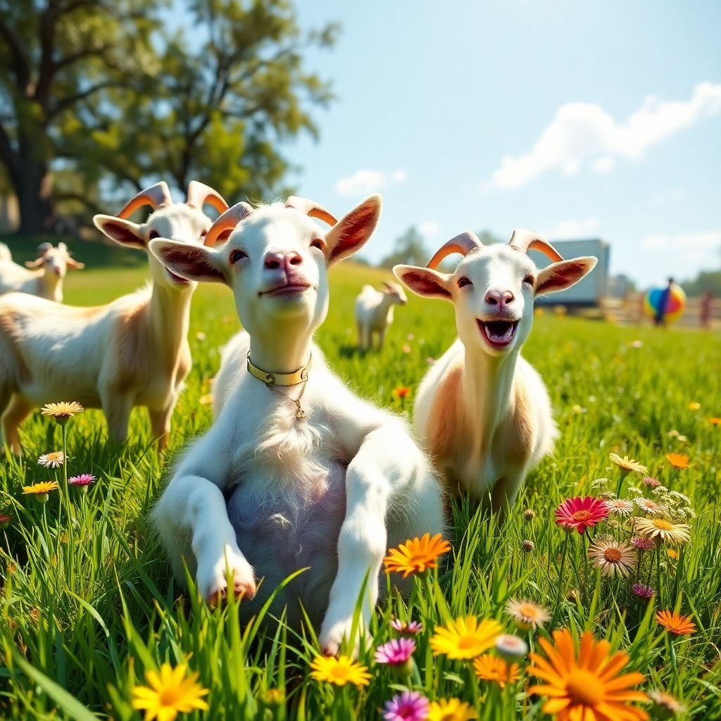 A photorealistic and ultra-high quality header image showcasing a vibrant meadow where various goats are humorously interacting. The focal point features a fainting goat dramatically collapsing while a laughing goat stands beside it, radiating joy. The light is bright and sunny, casting soft shadows and enhancing the lush green grass and colorful wildflowers surrounding the goats. A camera angle slightly above eye level captures the goats in a playful way, revealing their funny expressions and delightful antics. The texture of their fur is soft and detailed, adding a tactile element to the image. In the background, a few playful props like a beach ball and a small stage can be seen, hinting at the video creation aspect. The style is hyperrealistic, aiming for an 8K resolution for stunning clarity.