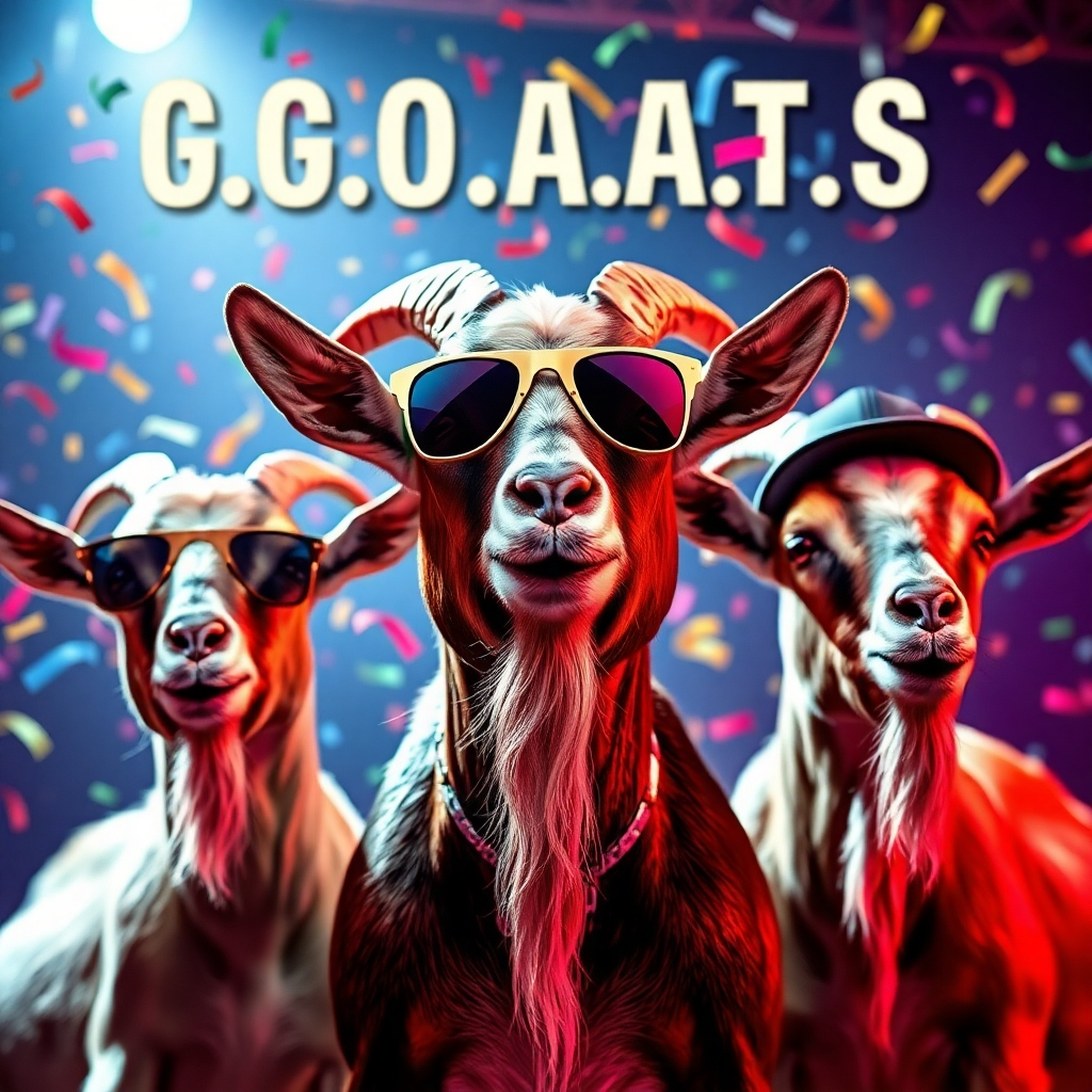 A striking hero shot of the ‘G.O.A.T.s’ set against a colorful backdrop of confetti and lights, reminiscent of a comedy awards night. Each goat showcases a unique expression in high detail and clarity, adorned with humorous props like sunglasses and hats. The bright lighting gives a festive feel, making the image lively and capturing the essence of entertainment, ideal for celebrating their legendary status.