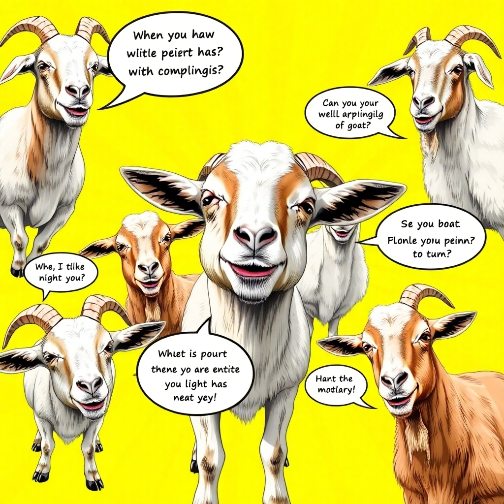 A whimsical and uplifting montage featuring iconic comedic goat moments, artistically arranged. The image utilizes vibrant colors with a playful comic book feel, featuring speech bubbles with funny captions from the goats. The background plays with bright hues—yellows and greens—to create an energetic and joyful vibe, showcasing goats in diverse funny situations, achieving a sense of exuberance and humor.
