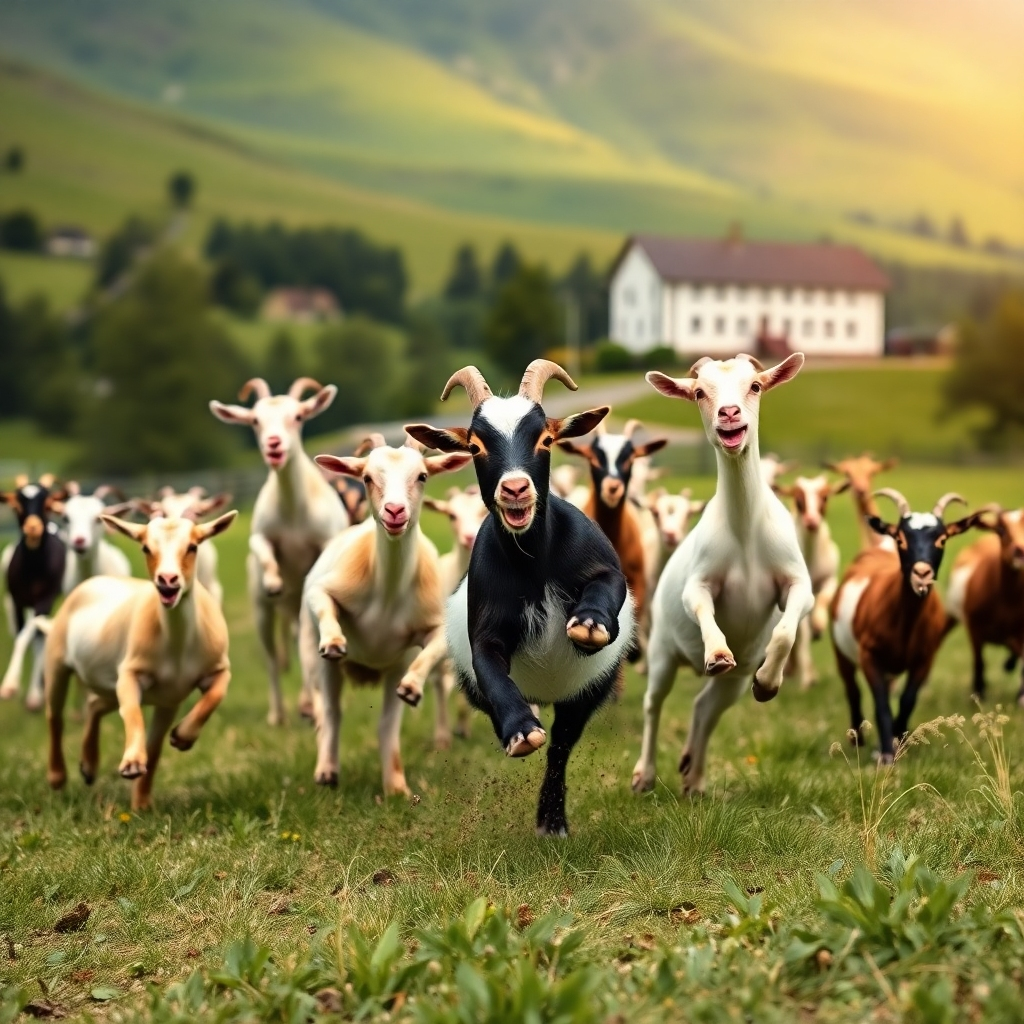 An action-packed image filled with goats playfully leaping and bounding through a scenic countryside. The goats appear energetically, capturing the essence of fun and mischief. The lush green hills and an idyllic farmhouse in the backdrop create a picturesque setting. The image should have a soft focus around the edges but sharp, detailed goats in the foreground, showcasing their playful nature as they enjoy a carefree afternoon.
