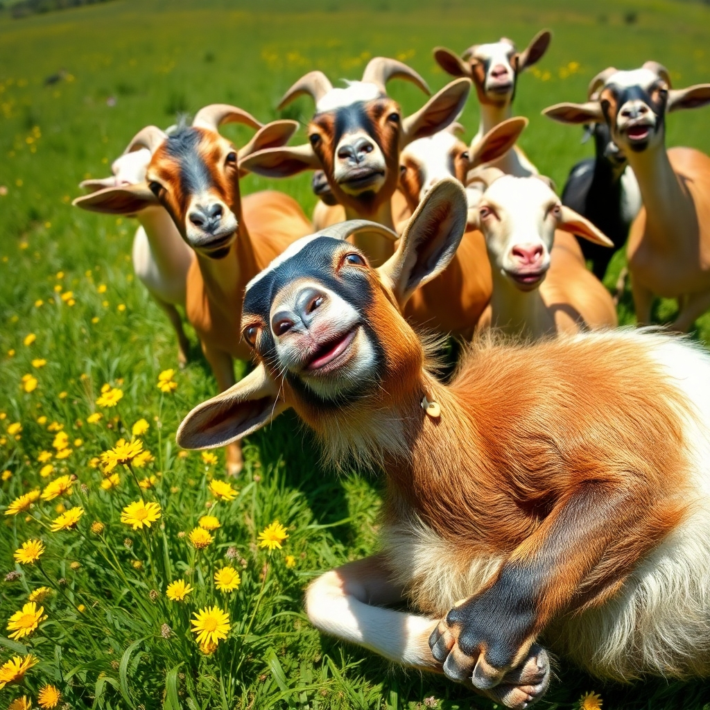 Visualize an epic moment where a group of goats hilariously reacts to a sudden noise. The composition is full of lively expressions, focusing on a goat in the foreground dramatically collapsing on the ground. The setting is a sunny field, with vivid greens and pops of yellow wildflowers. The camera is at eye level, capturing the chaos of the moment with perfect detail, ensuring the texture of the goat's fur and the excitement on other goats' faces are clear.